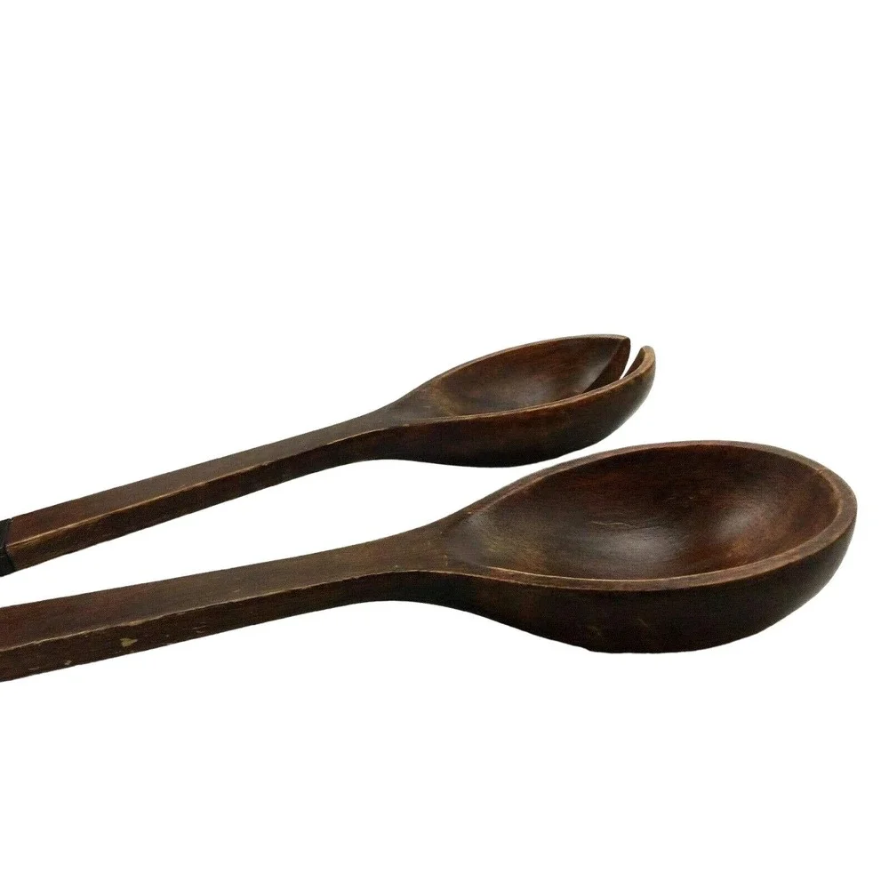 Hand Carved Wood Salad Serving Spoon Fork Set 13